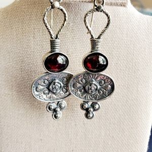 Didae Sterling and Cabochon Garnet Drop Floral Accent Earrings Rare